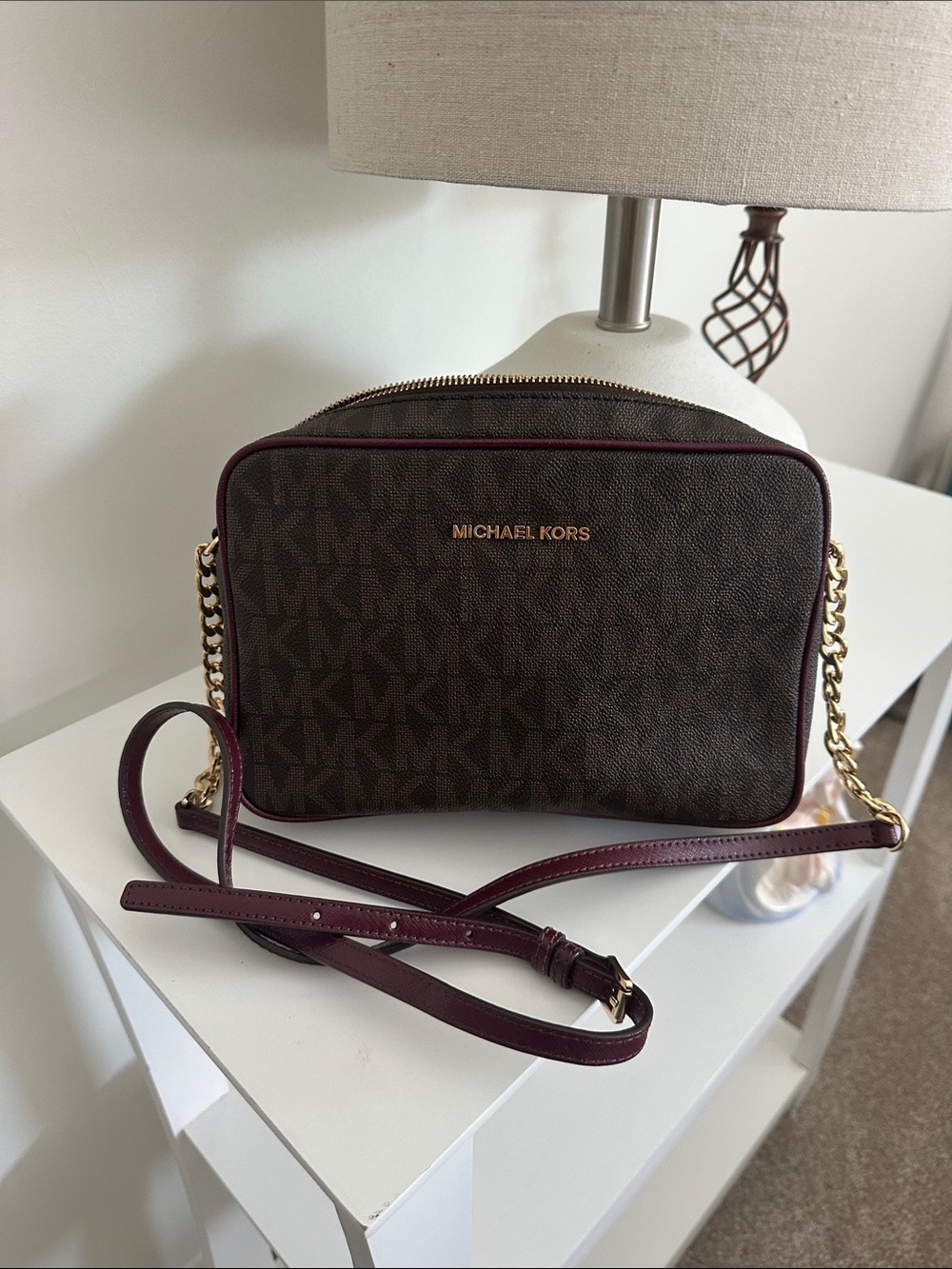 Michael Kors Brown with Burgundy Trim Signature Crossbody